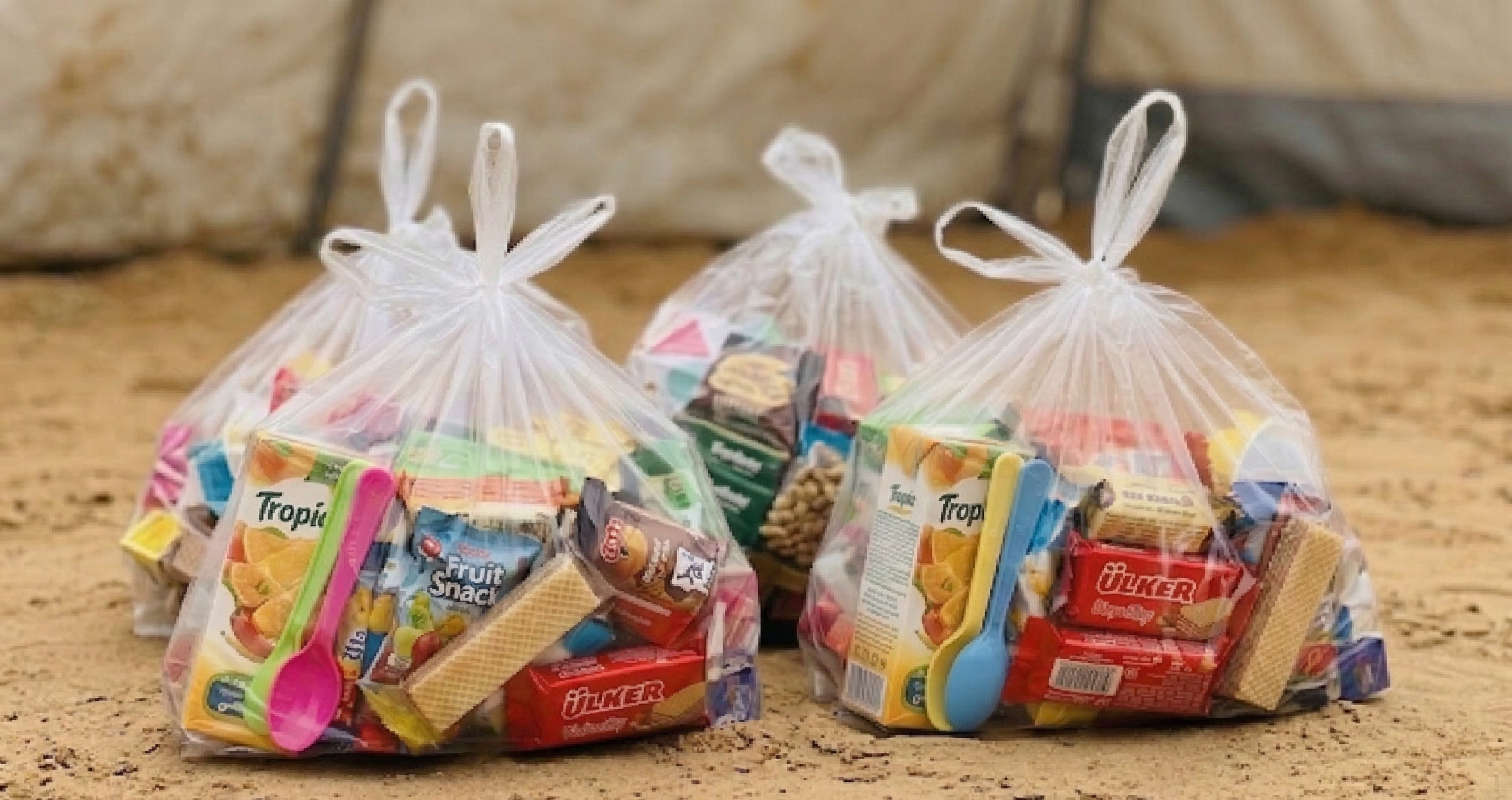 Bags of Eid gifts ready for distribution
